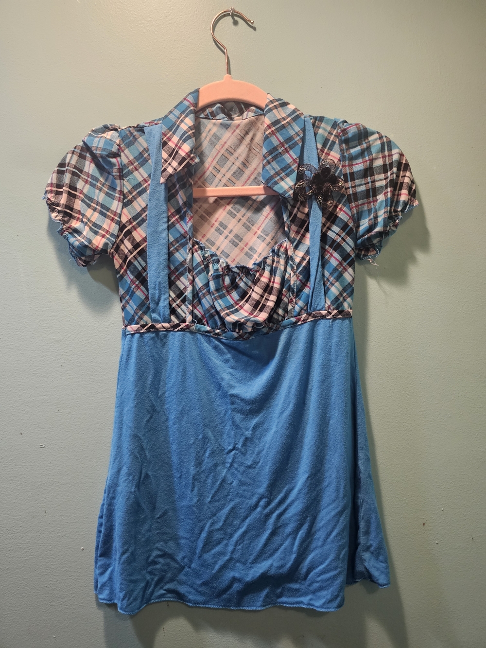 Blue Plaid Mixed-Media Women’s Blouse with Puff Sleeves and Collar